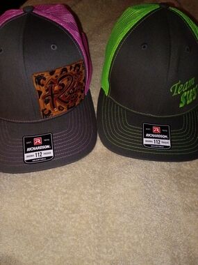 Two Richardson 112 Trucker Cap — Gray with Pink Stitching & Leather Patch